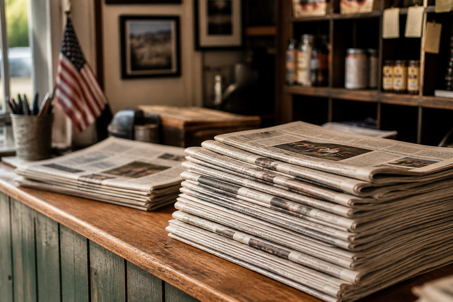 Stacked local newspapers on a counter