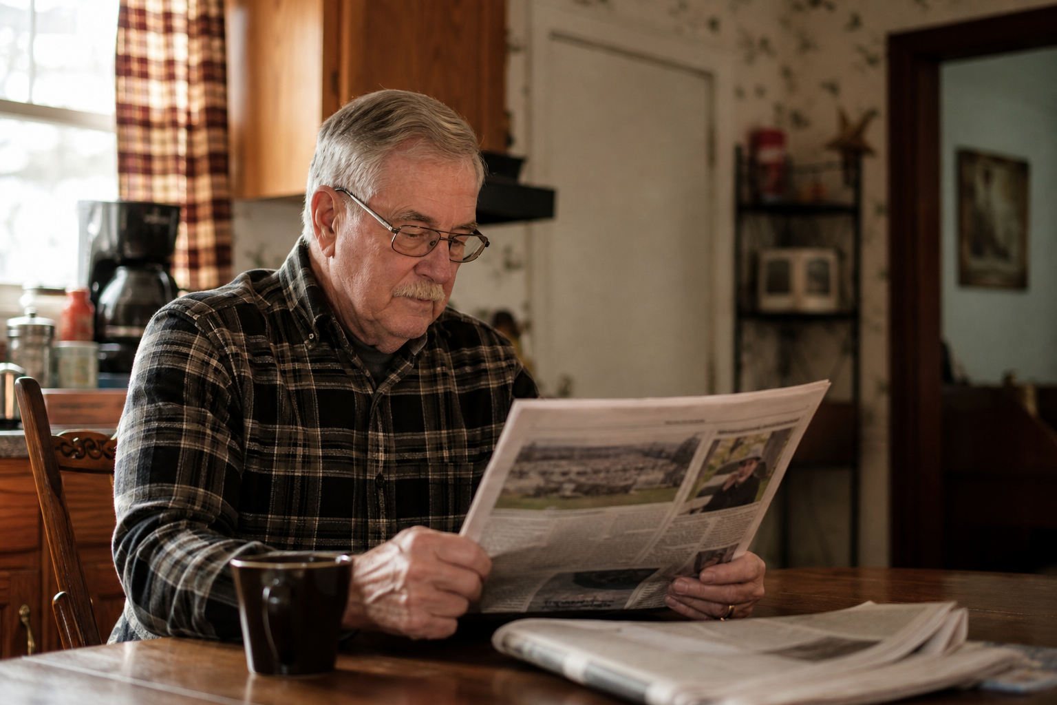 A reader holding a local newspaper at the kitchen table